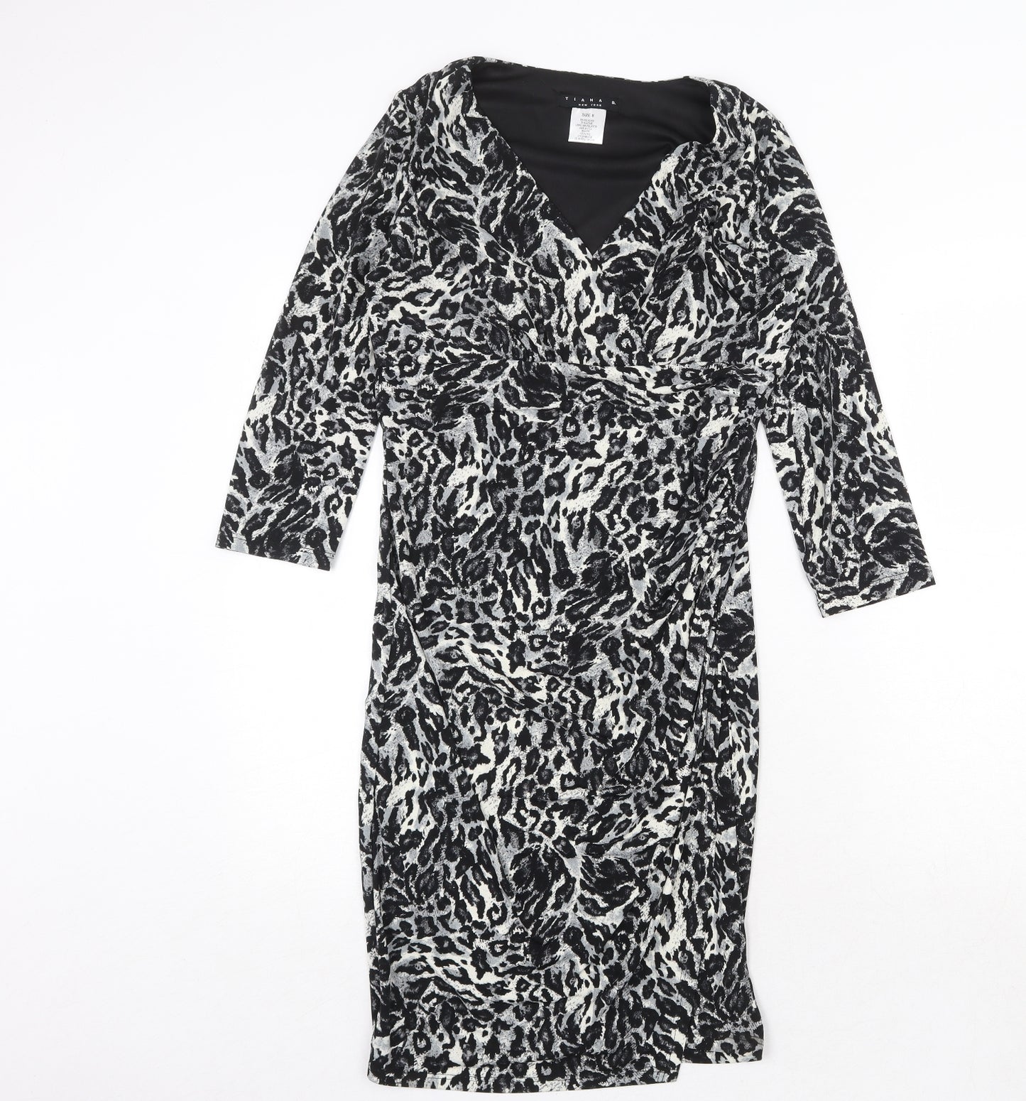 Tiana B Womens Grey Animal Print Polyester A-Line Size 8 V-Neck Pullover - Leopard Pattern
