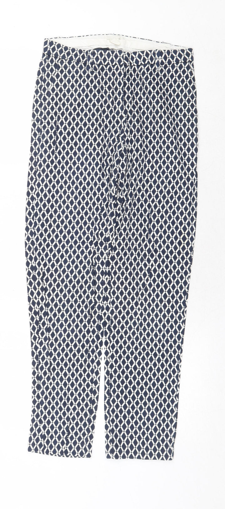 H&M Womens Blue Geometric Cotton Chino Trousers Size 6 Regular Zip