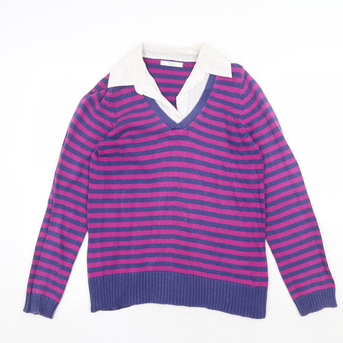 Marks and Spencer Womens Multicoloured Collared Striped Cotton Pullover Jumper Size 14