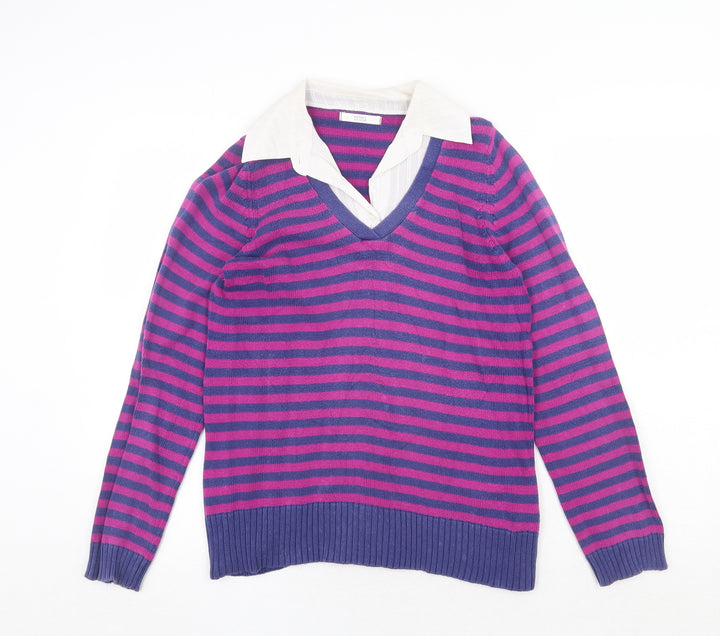 Marks and Spencer Womens Multicoloured Collared Striped Cotton Pullover Jumper Size 14