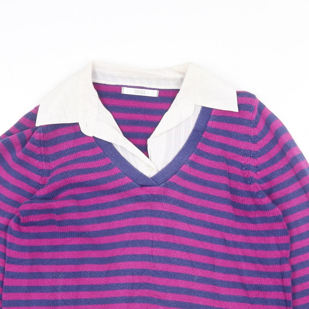 Marks and Spencer Womens Multicoloured Collared Striped Cotton Pullover Jumper Size 14