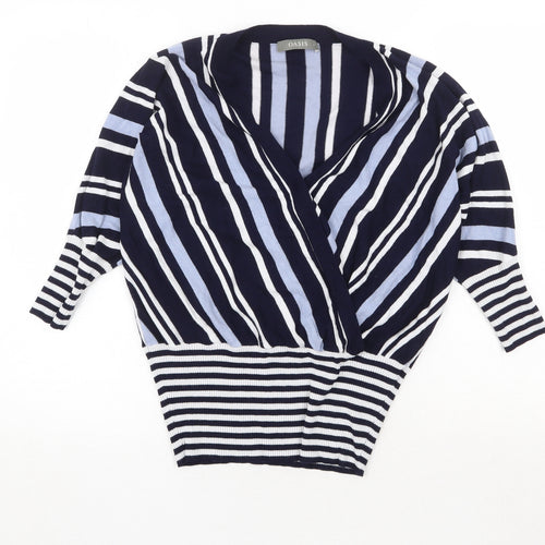 Oasis Womens Blue V-Neck Striped Viscose Pullover Jumper Size S