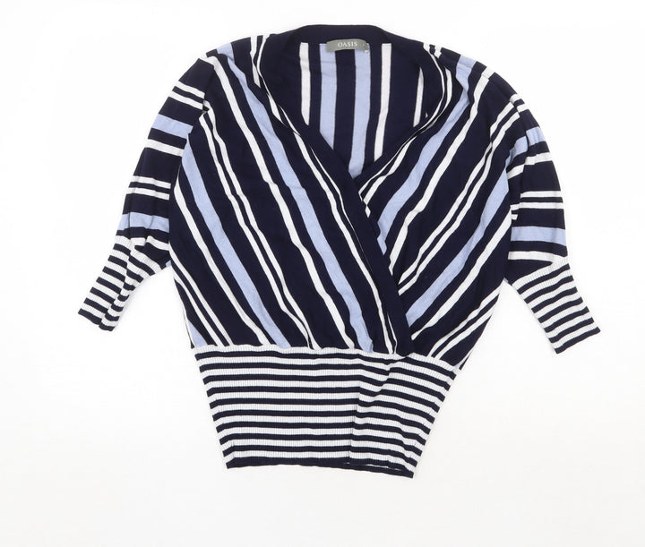 Oasis Womens Blue V-Neck Striped Viscose Pullover Jumper Size S