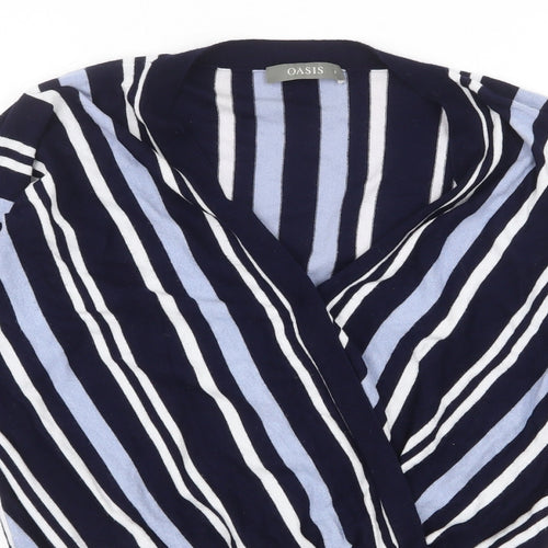 Oasis Womens Blue V-Neck Striped Viscose Pullover Jumper Size S