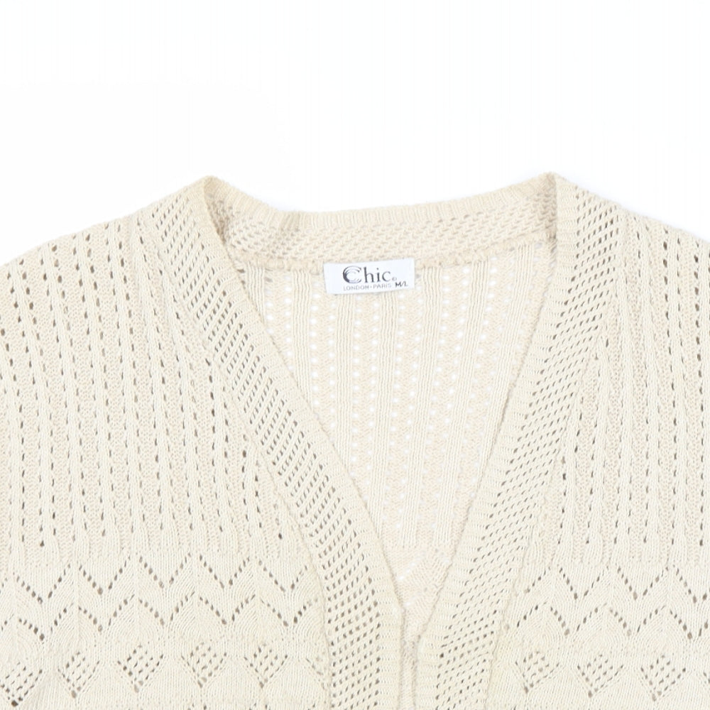 Chic London Paris Womens Beige V-Neck Cotton Cardigan Jumper Size M