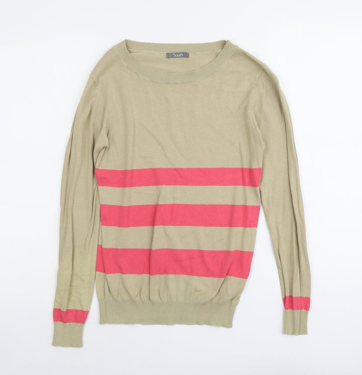 South Womens Beige Round Neck Striped Cotton Pullover Jumper Size 8