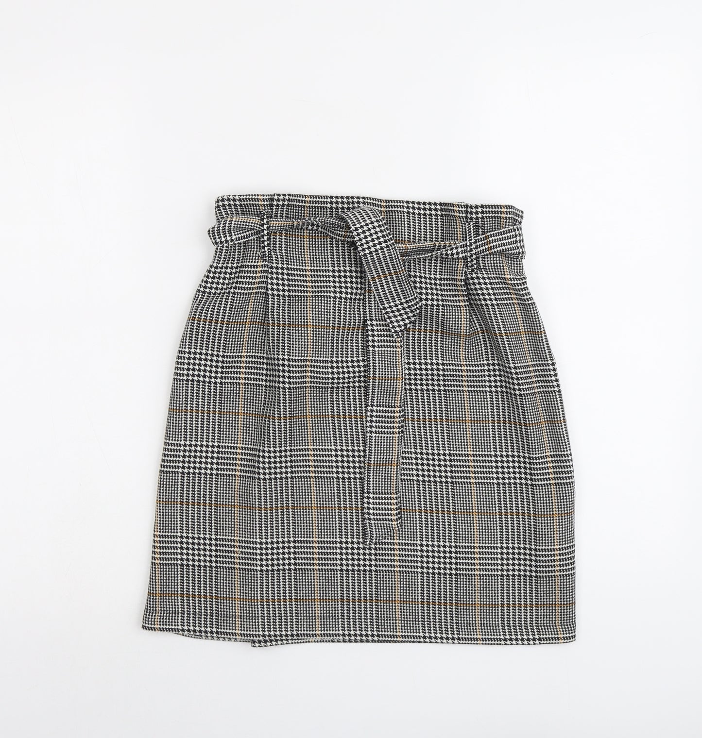New Look Womens Black Plaid Polyester A-Line Skirt Size 8 - Belt Included