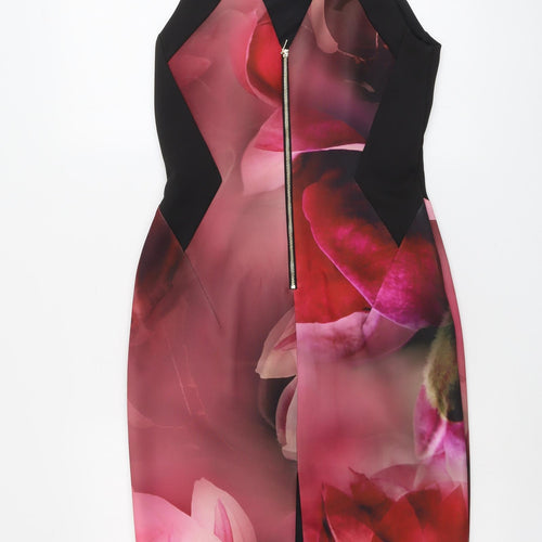 Roman Womens Black Floral Polyester Bodycon Size 10 V-Neck Zip