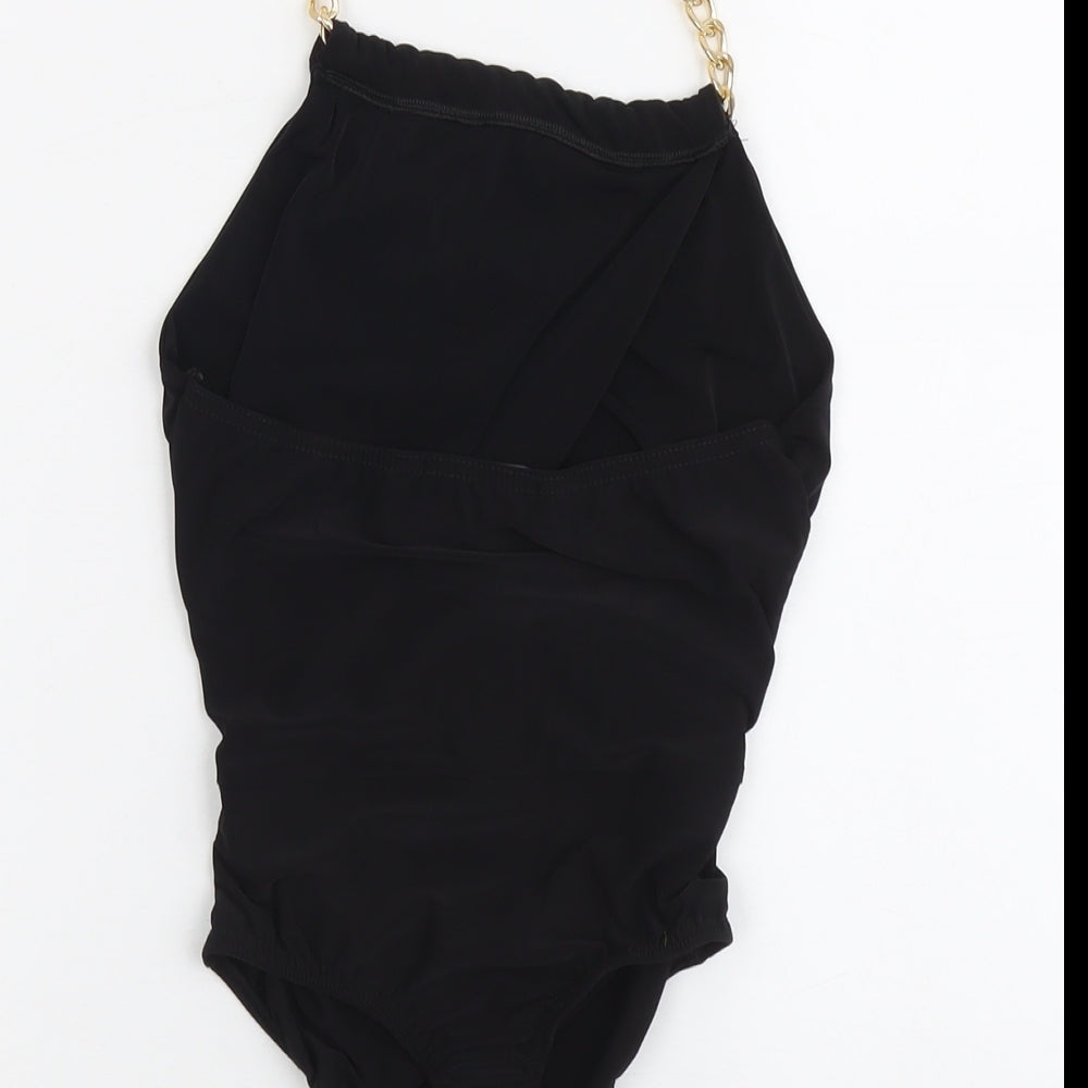 Signature Womens Black Polyester Bodysuit One-Piece Size 8 Snap - Chain Strap Detail