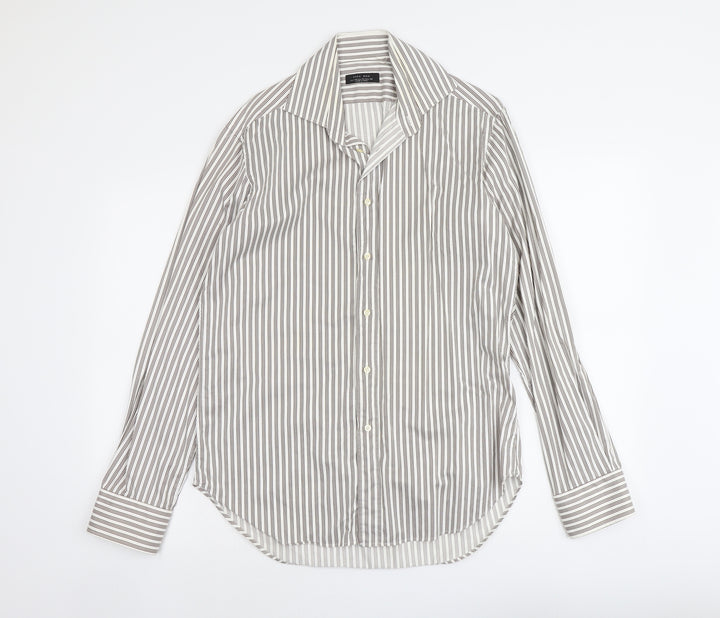 Zara Mens Beige Striped Cotton Button-Up Size L Collared Button