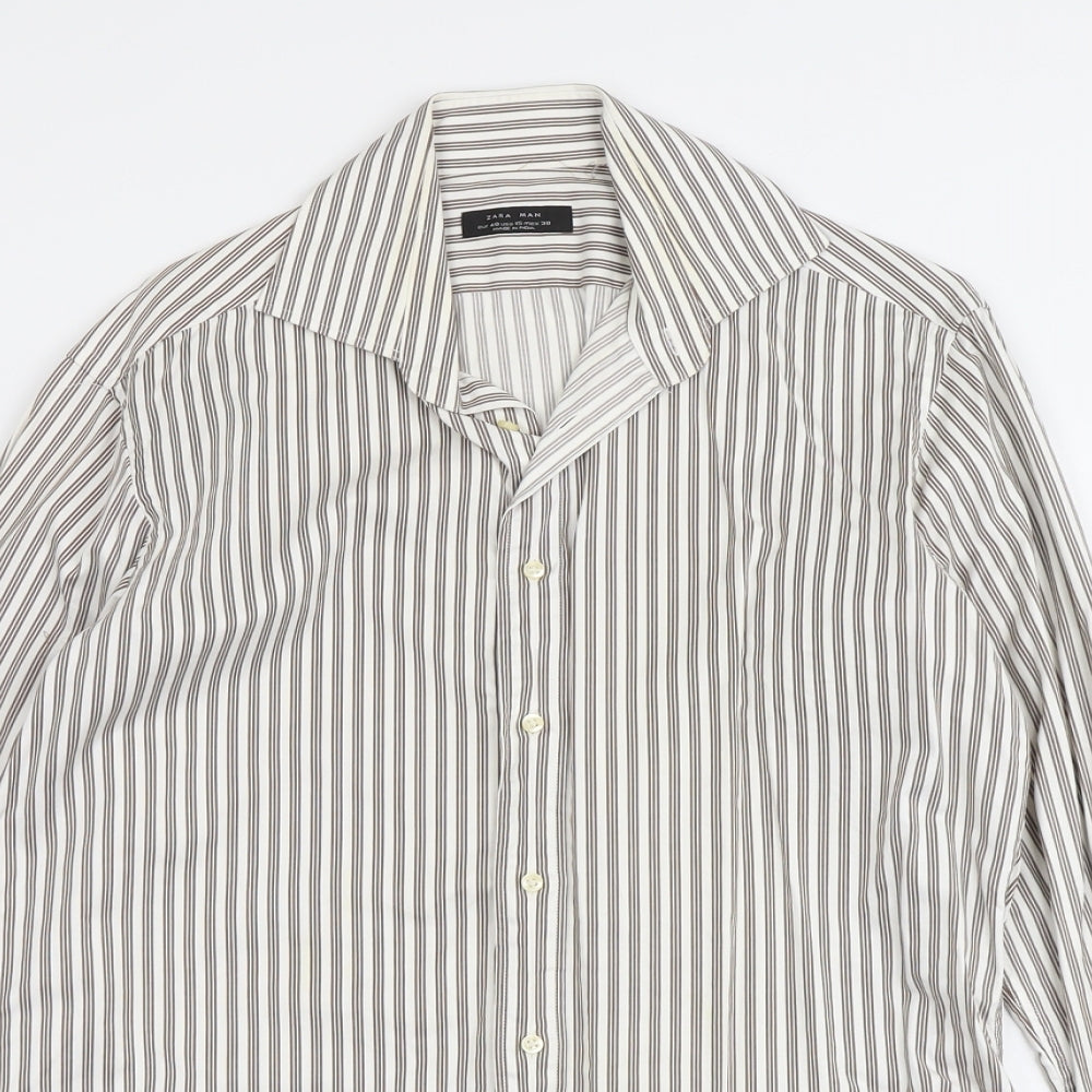 Zara Mens Beige Striped Cotton Button-Up Size L Collared Button