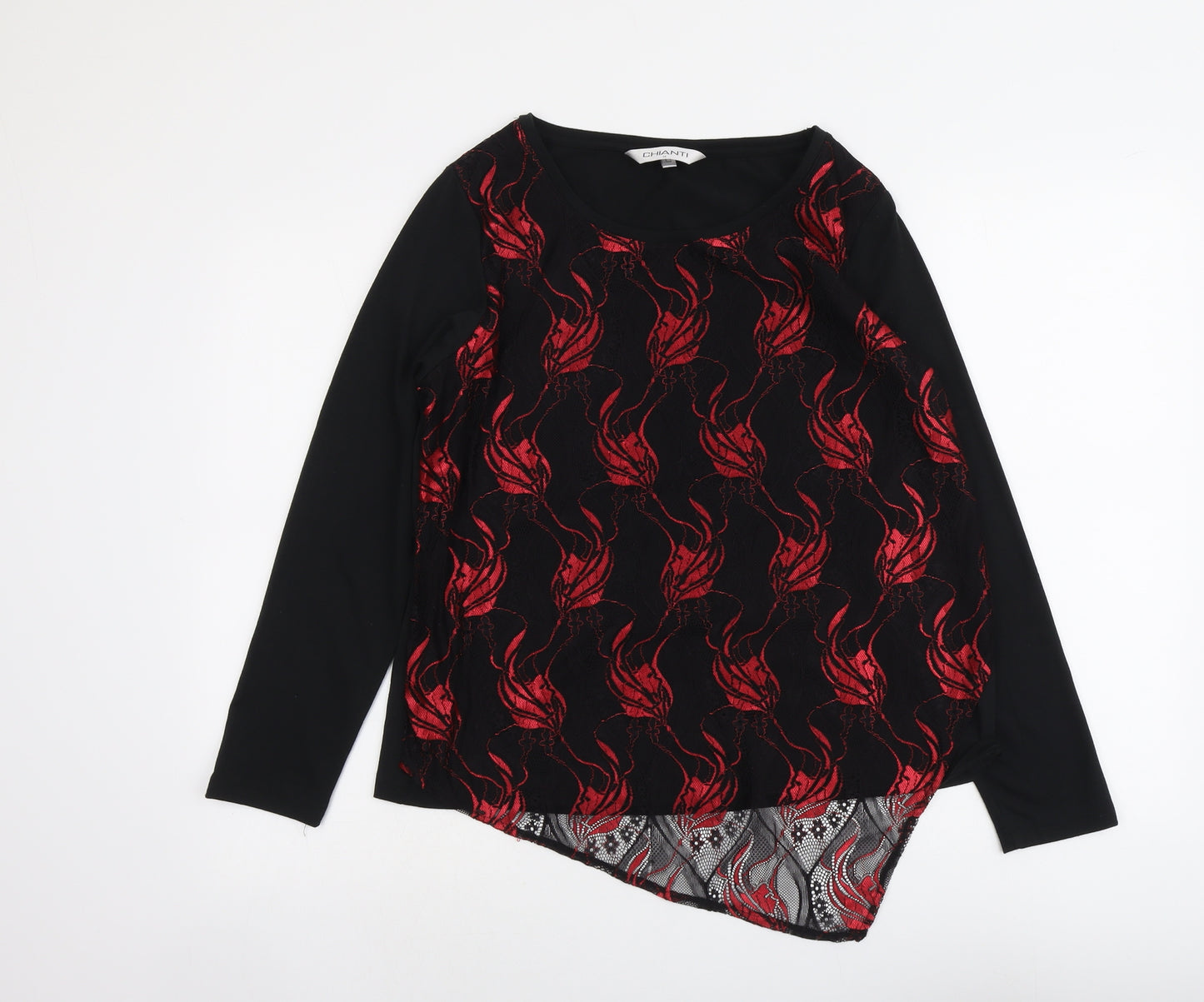Chianti Womens Black Geometric Polyester Basic Blouse Size 14 Round Neck - Lace Detail