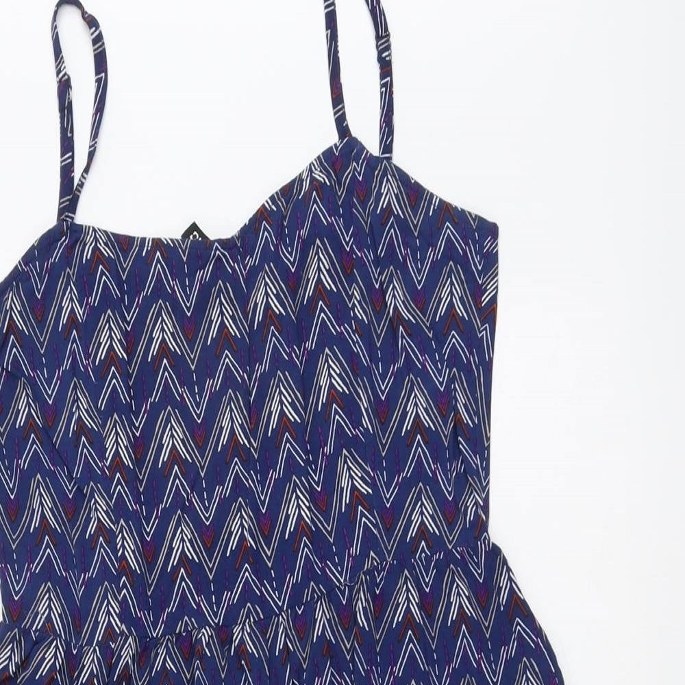 H&M Womens Blue Geometric Viscose Tank Dress Size 12 V-Neck Pullover