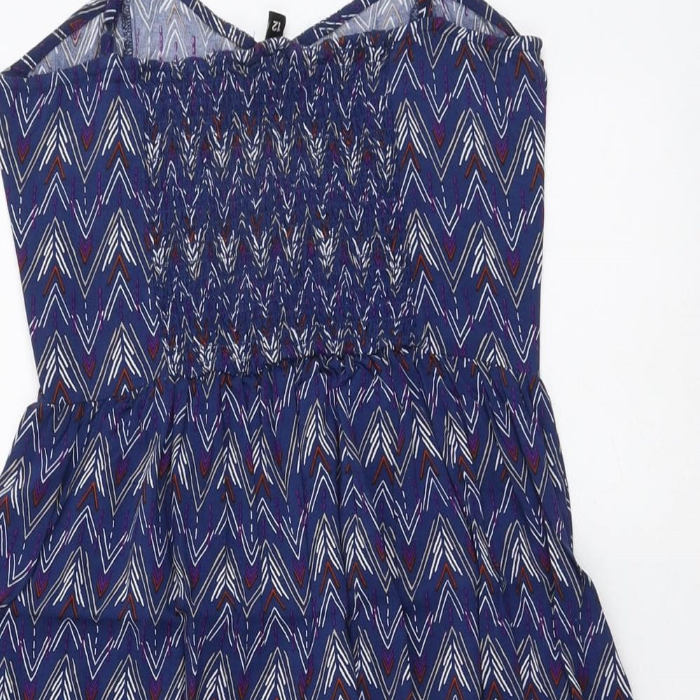 H&M Womens Blue Geometric Viscose Tank Dress Size 12 V-Neck Pullover