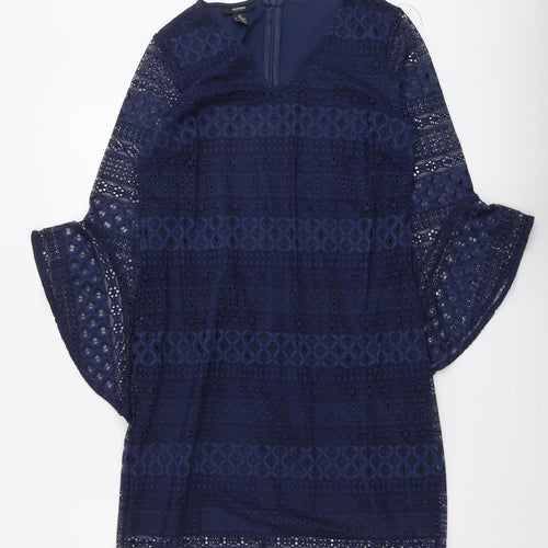 Alfant Womens Blue Geometric Polyester A-Line Size 4 V-Neck Zip