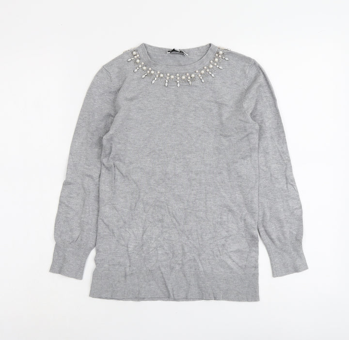 Warehouse Womens Grey Round Neck Viscose Pullover Jumper Size 6