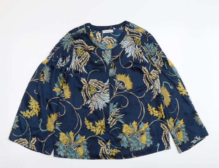 Per Una Womens Blue Floral Polyester Basic Blouse Size 10 Round Neck
