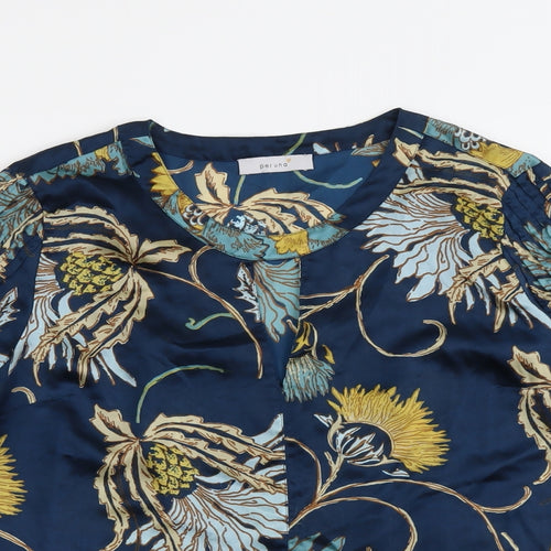 Per Una Womens Blue Floral Polyester Basic Blouse Size 10 Round Neck
