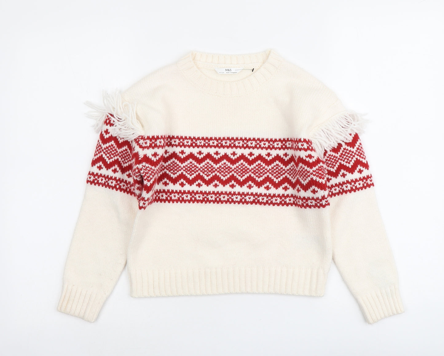 Marks and Spencer Girls Ivory Round Neck Fair Isle Acrylic Pullover Jumper Size 10-11 Years Pullover