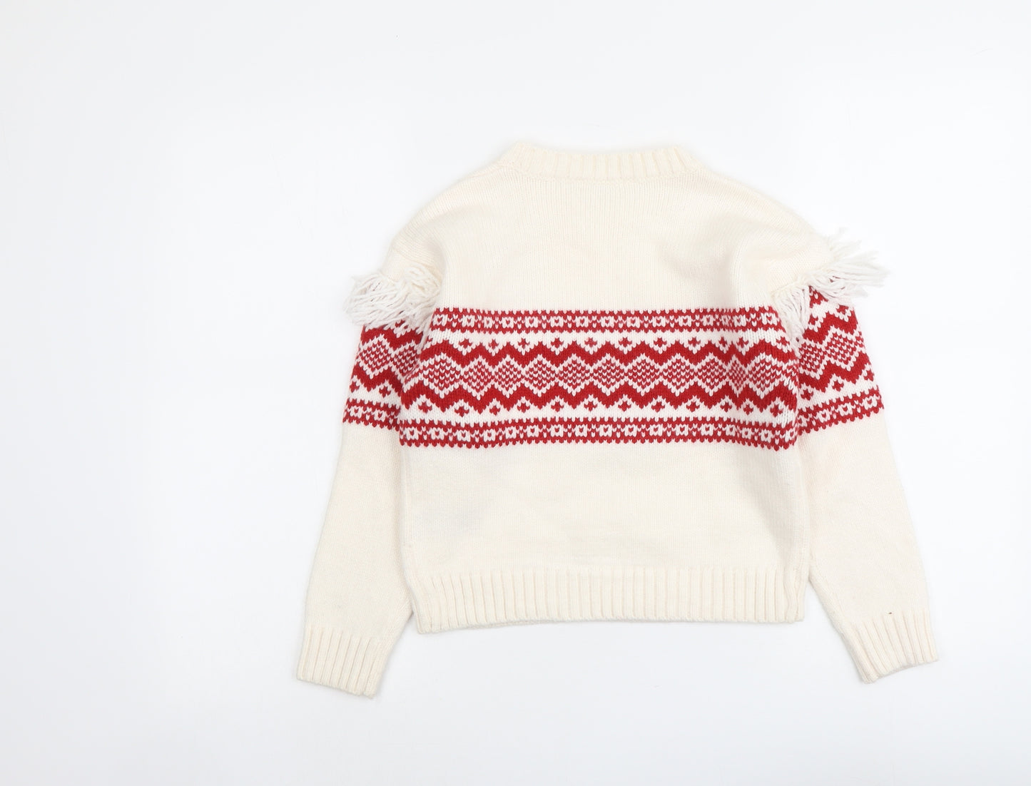 Marks and Spencer Girls Ivory Round Neck Fair Isle Acrylic Pullover Jumper Size 10-11 Years Pullover