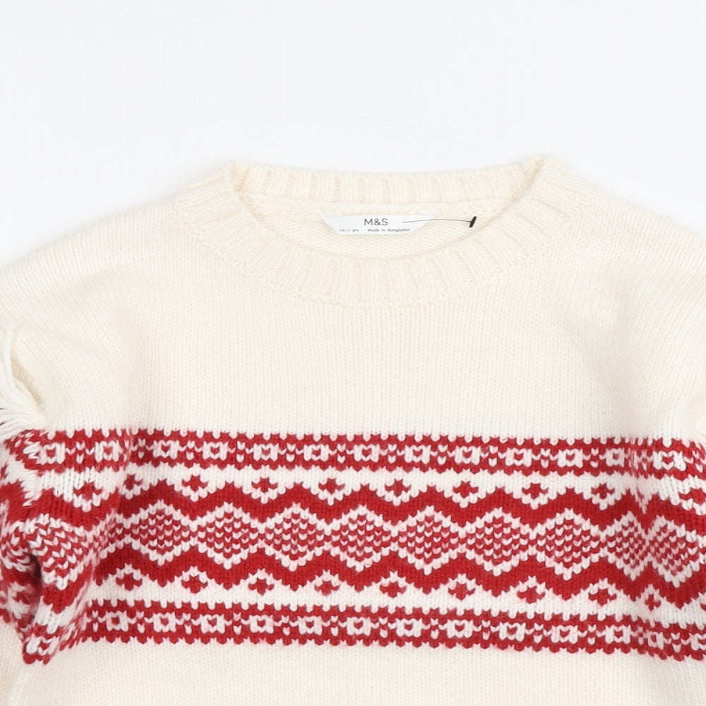 Marks and Spencer Girls Ivory Round Neck Fair Isle Acrylic Pullover Jumper Size 10-11 Years Pullover