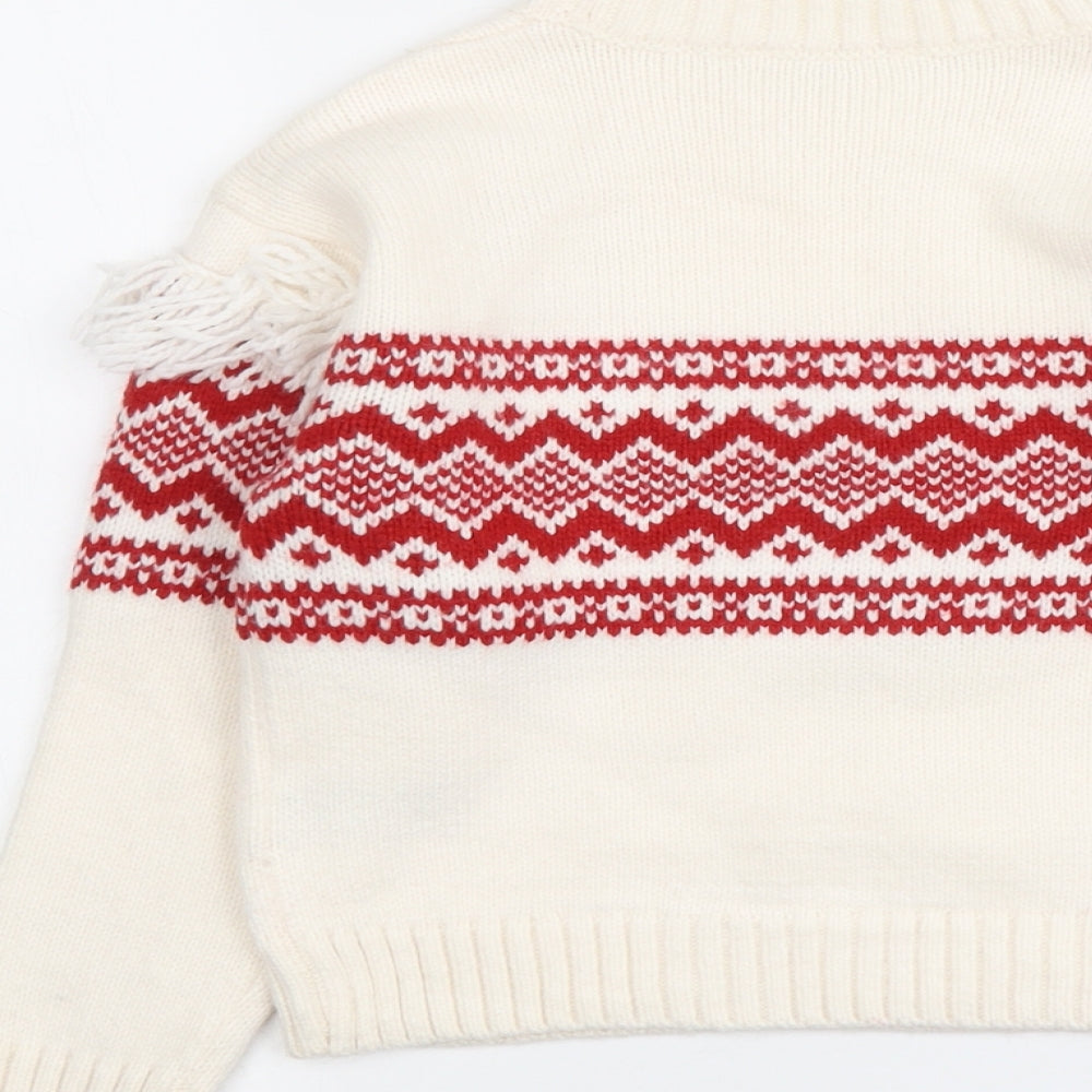 Marks and Spencer Girls Ivory Round Neck Fair Isle Acrylic Pullover Jumper Size 10-11 Years Pullover
