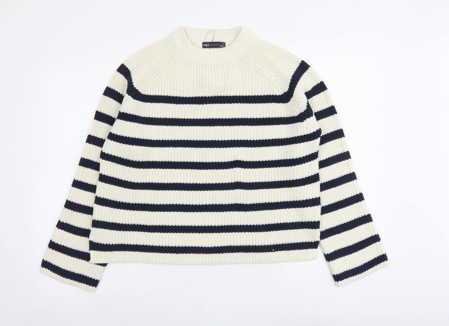 Marks and Spencer Womens Ivory Round Neck Striped Cotton Pullover Jumper Size M