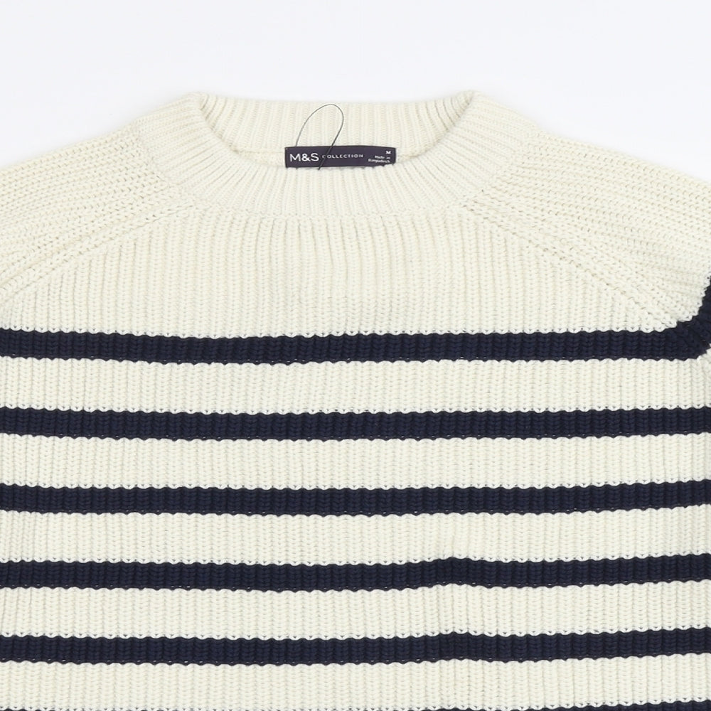 Marks and Spencer Womens Ivory Round Neck Striped Cotton Pullover Jumper Size M
