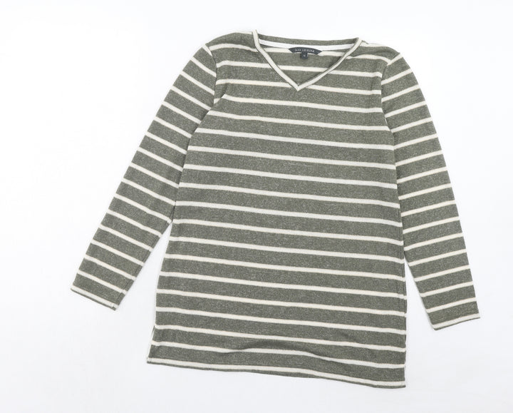 Bonmarché Womens Green V-Neck Striped Polyester Pullover Jumper Size 12