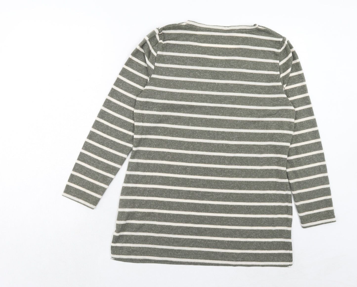 Bonmarché Womens Green V-Neck Striped Polyester Pullover Jumper Size 12
