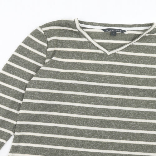 Bonmarché Womens Green V-Neck Striped Polyester Pullover Jumper Size 12