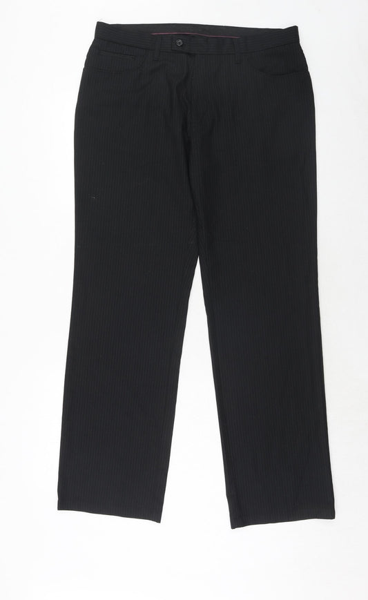 NEXT Mens Black Striped Polyester Dress Pants Trousers Size 34 in Regular Hook & Eye