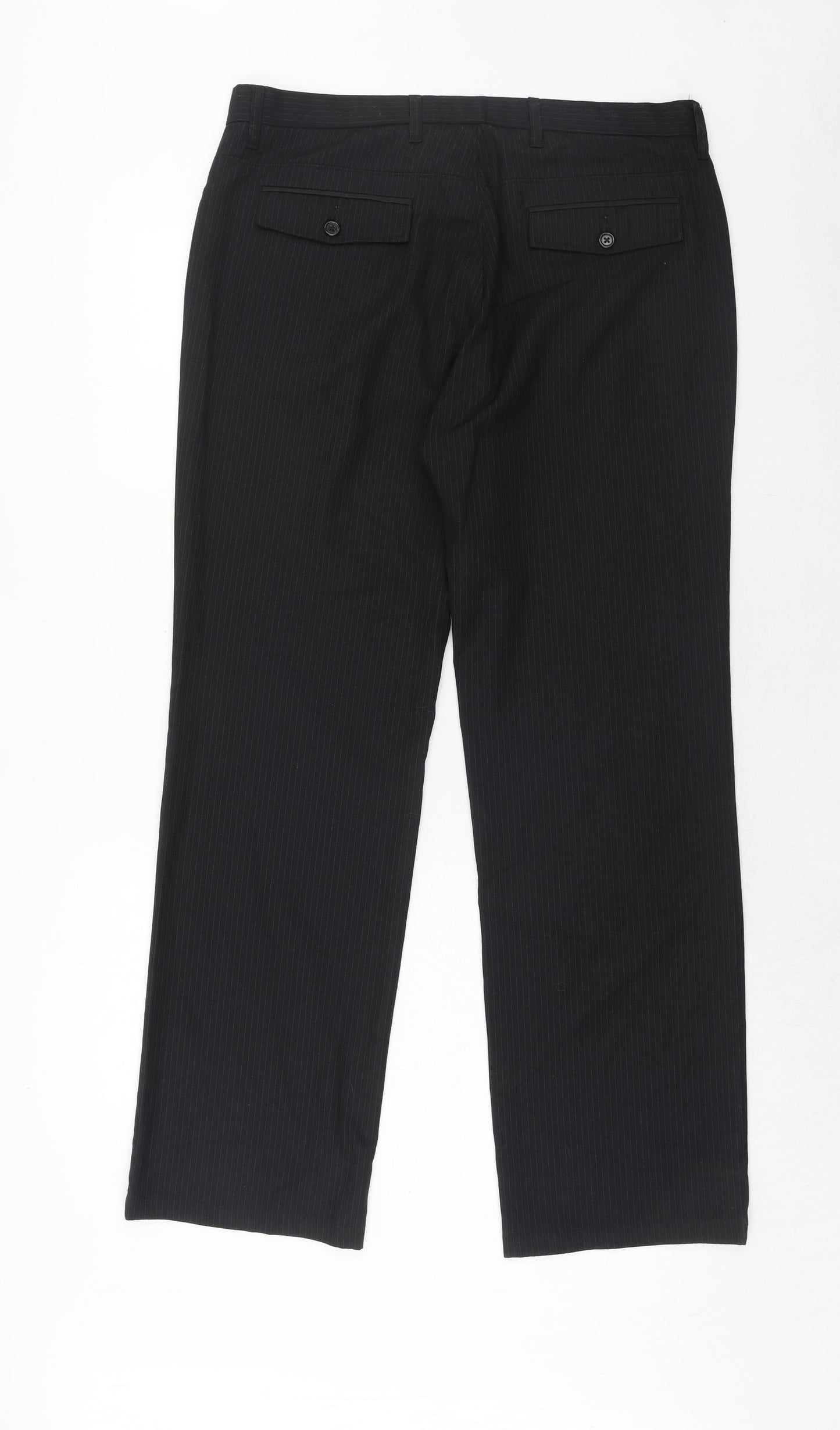 NEXT Mens Black Striped Polyester Dress Pants Trousers Size 34 in Regular Hook & Eye