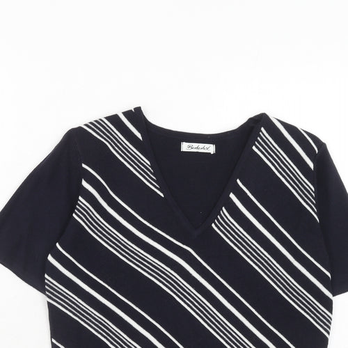Berkertex Womens Blue V-Neck Striped Acrylic Pullover Jumper Size 10