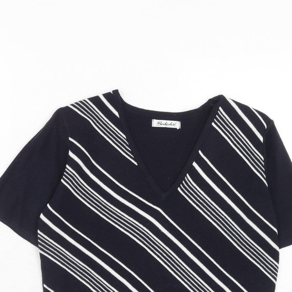 Berkertex Womens Blue V-Neck Striped Acrylic Pullover Jumper Size 10