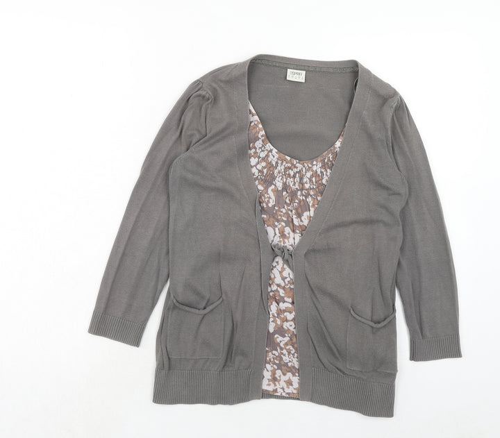 Esprit Womens Grey Scoop Neck Geometric Cotton Cardigan Jumper Size S