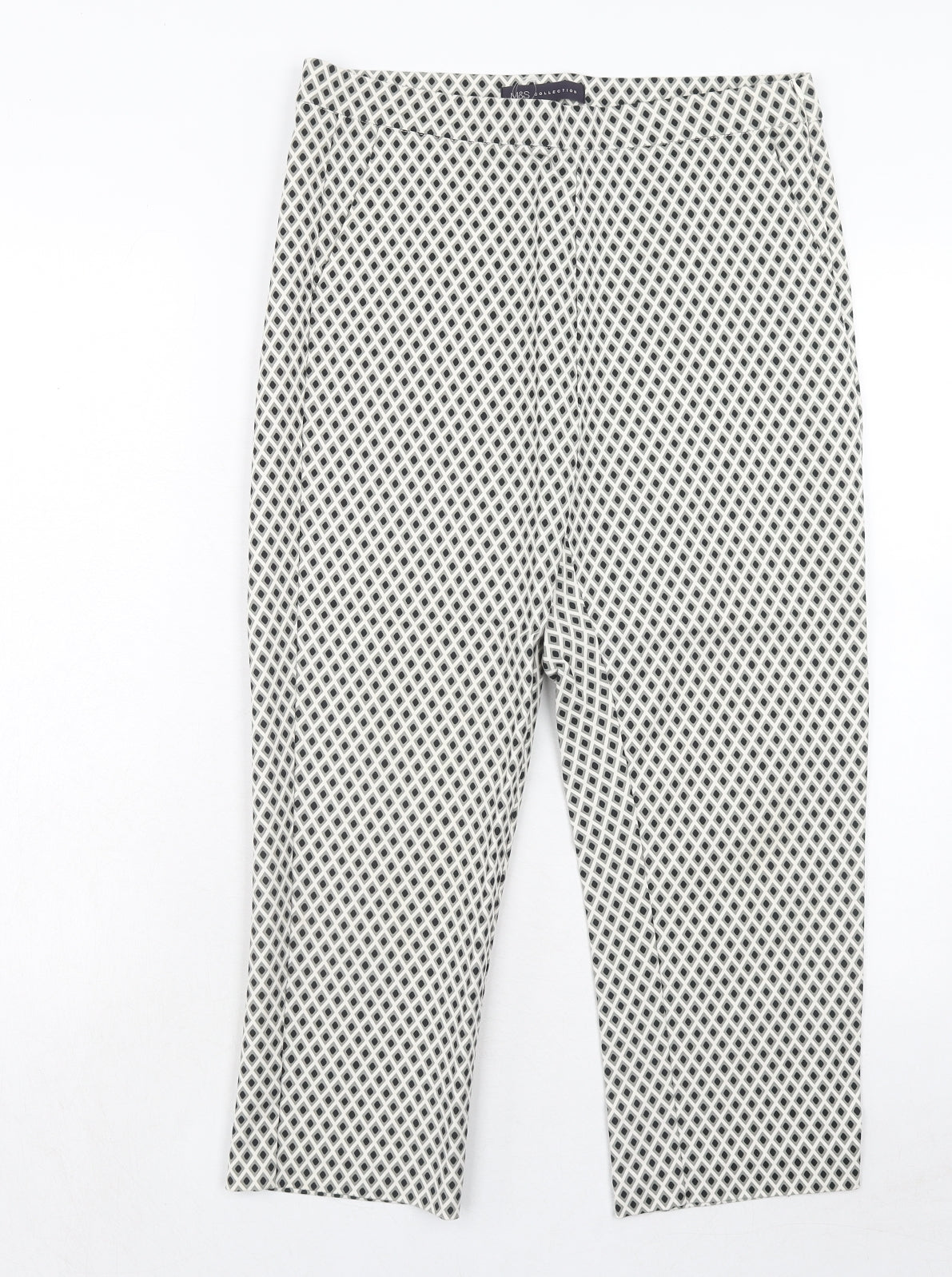 Marks and Spencer Womens Beige Geometric Cotton Trousers Size 12 Regular Zip