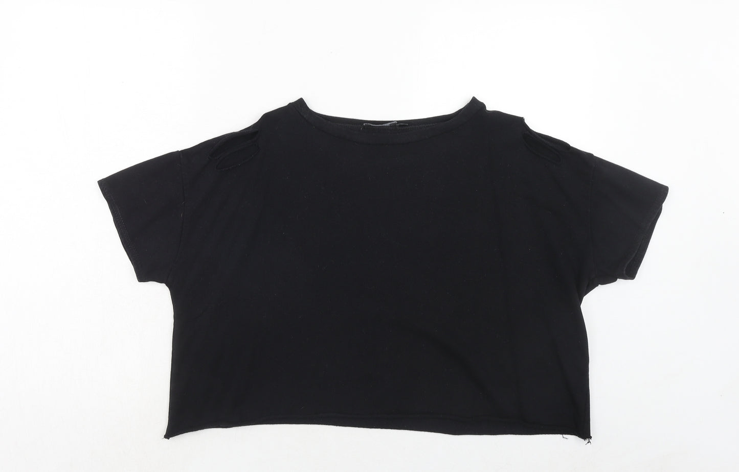 PRETTYLITTLETHING Womens Black Polyester Cropped T-Shirt Size 12 Round Neck