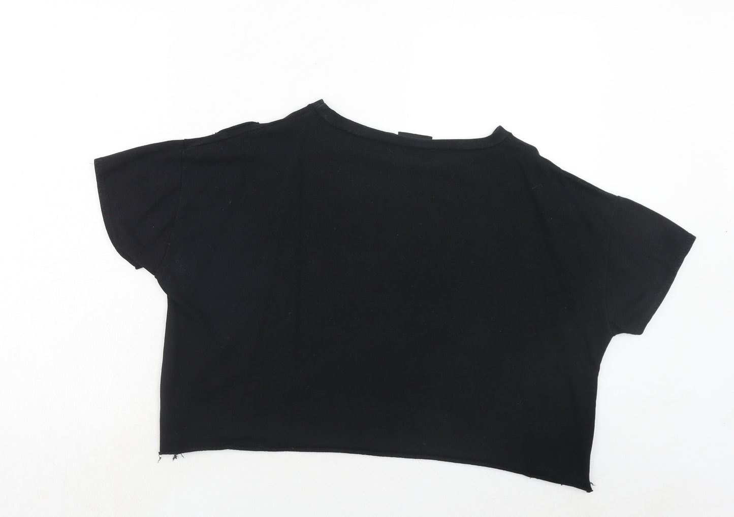 PRETTYLITTLETHING Womens Black Polyester Cropped T-Shirt Size 12 Round Neck