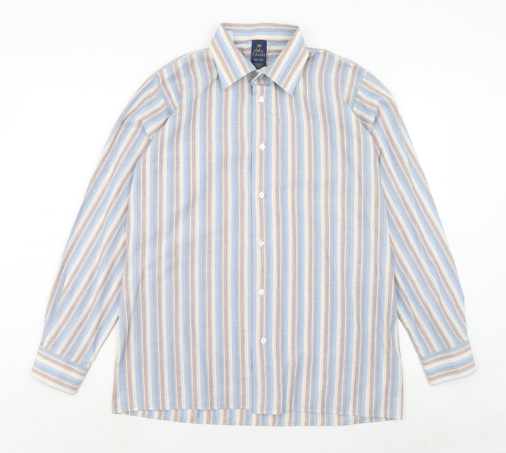 John Charles Mens Blue Striped Polyester Button-Up Size 16.5 Collared Button