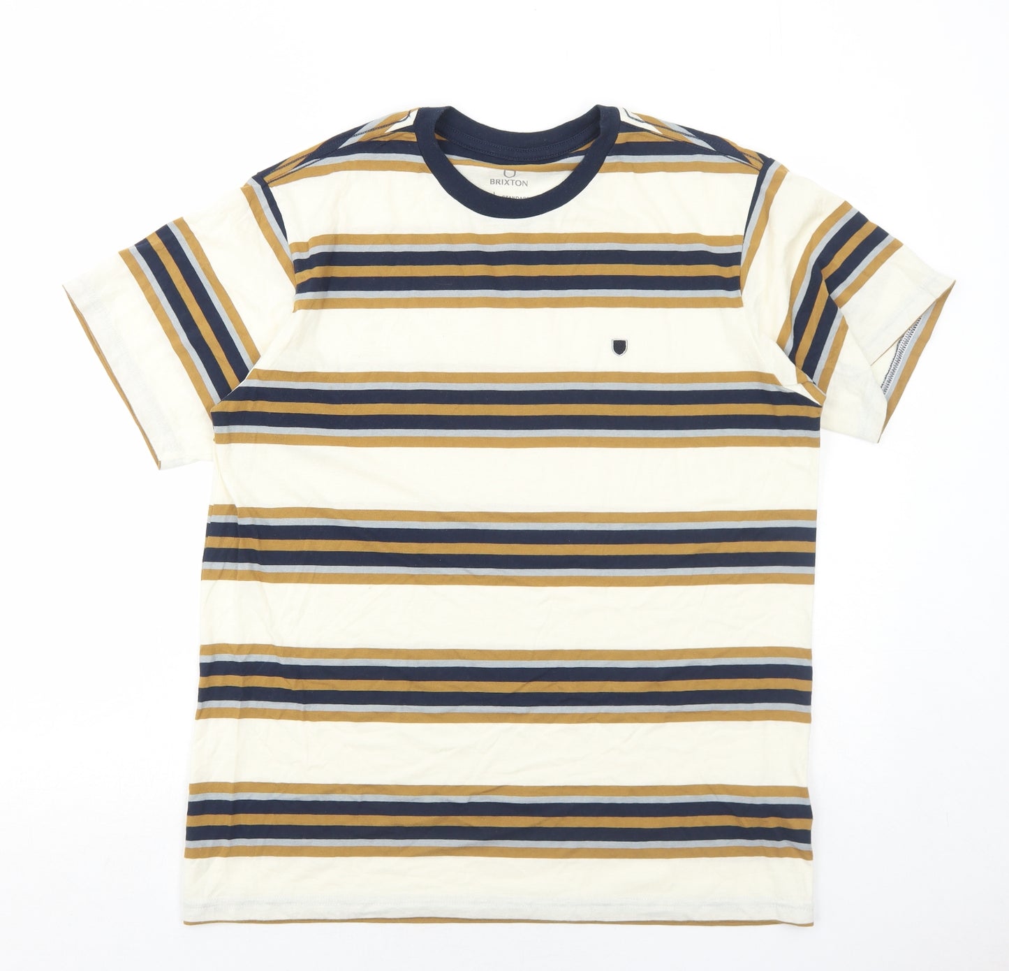 Brixton Mens Ivory Striped Cotton T-Shirt Size M Crew Neck