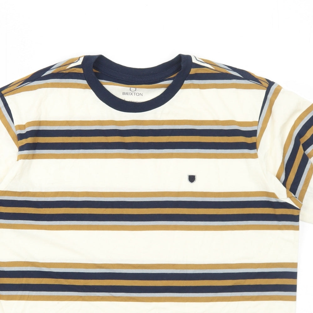 Brixton Mens Ivory Striped Cotton T-Shirt Size M Crew Neck