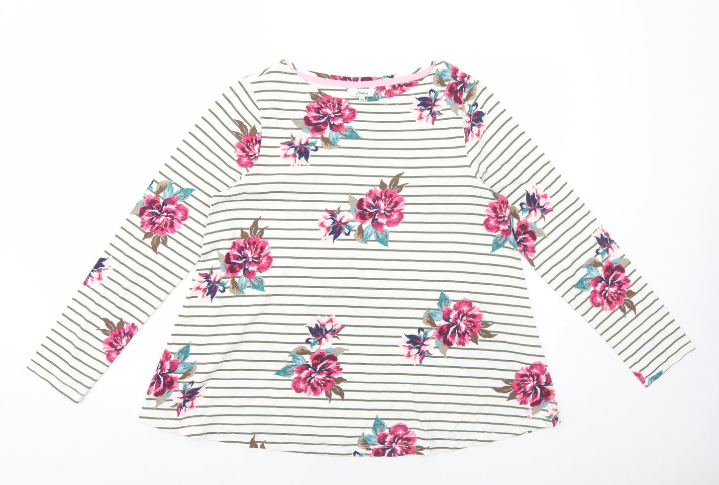 Joules Womens White Floral Cotton Basic T-Shirt Size 12 Round Neck