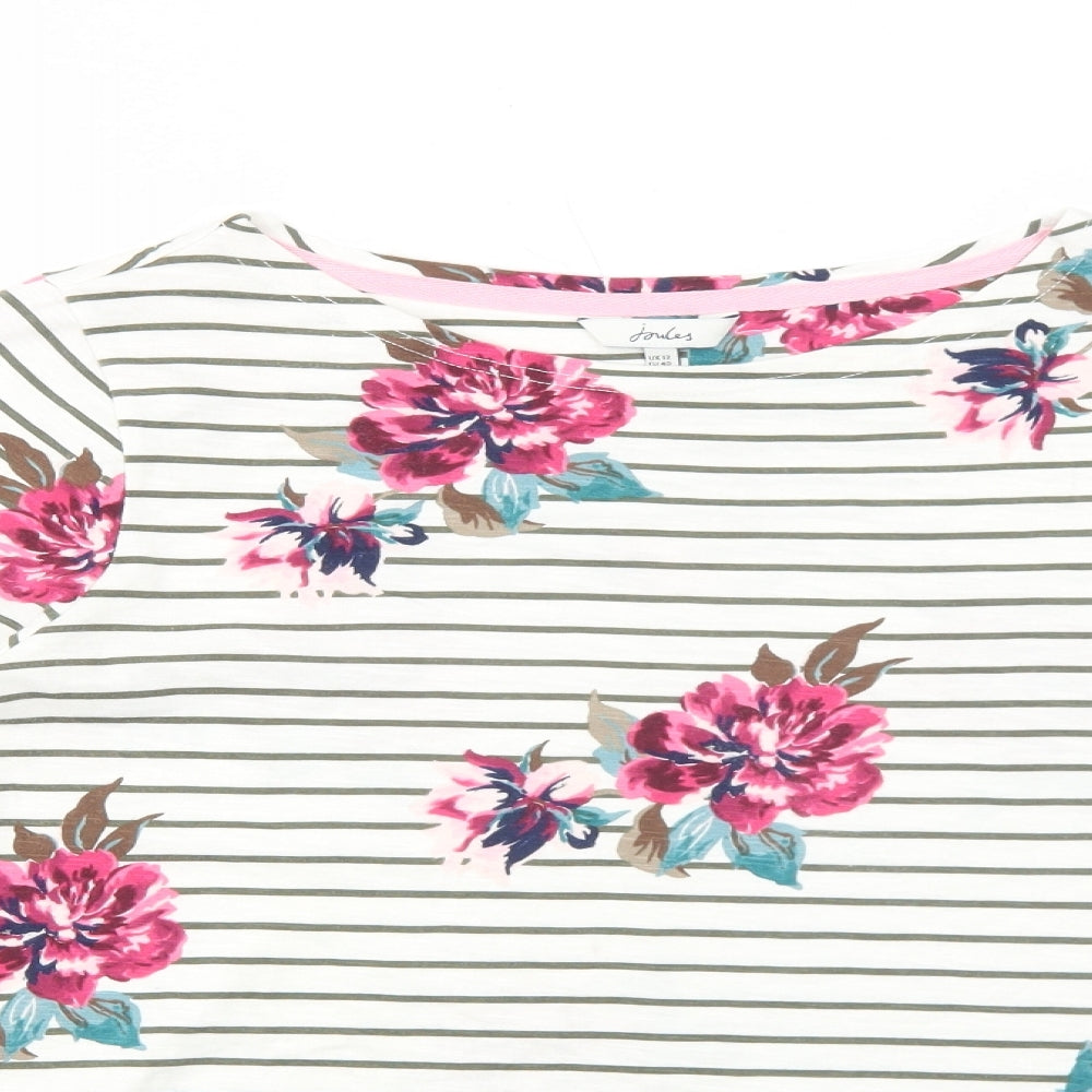 Joules Womens White Floral Cotton Basic T-Shirt Size 12 Round Neck