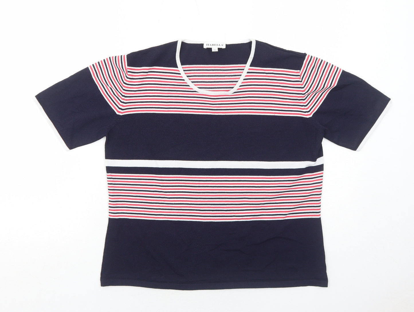 Habella Womens Blue Striped Nylon Basic T-Shirt Size 14 Round Neck