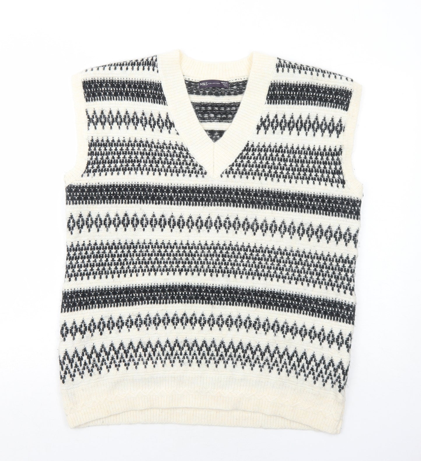 Marks and Spencer Mens Ivory V-Neck Geometric Acrylic Pullover Jumper Size M Sleeveless