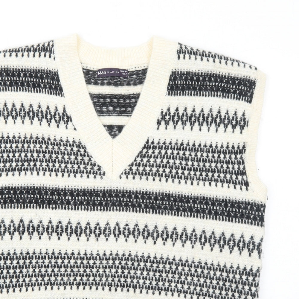 Marks and Spencer Mens Ivory V-Neck Geometric Acrylic Pullover Jumper Size M Sleeveless