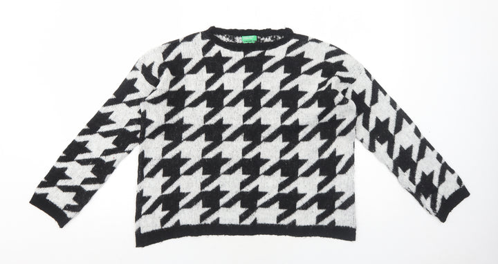 United Colors of Benetton Girls White Round Neck Geometric Acrylic Pullover Jumper Size 13-14 Years Pullover