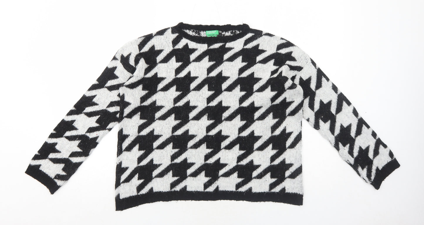 United Colors of Benetton Girls White Round Neck Geometric Acrylic Pullover Jumper Size 13-14 Years Pullover