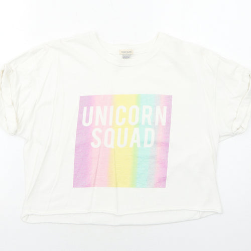 River Island Girls White Cotton Basic T-Shirt Size 11-12 Years Crew Neck Pullover - Unicorn Squad